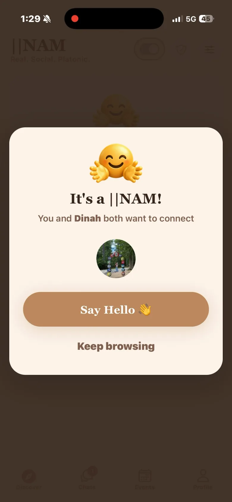 ||NAM mutual connection screen showing It's a ||NAM and Say Hello.