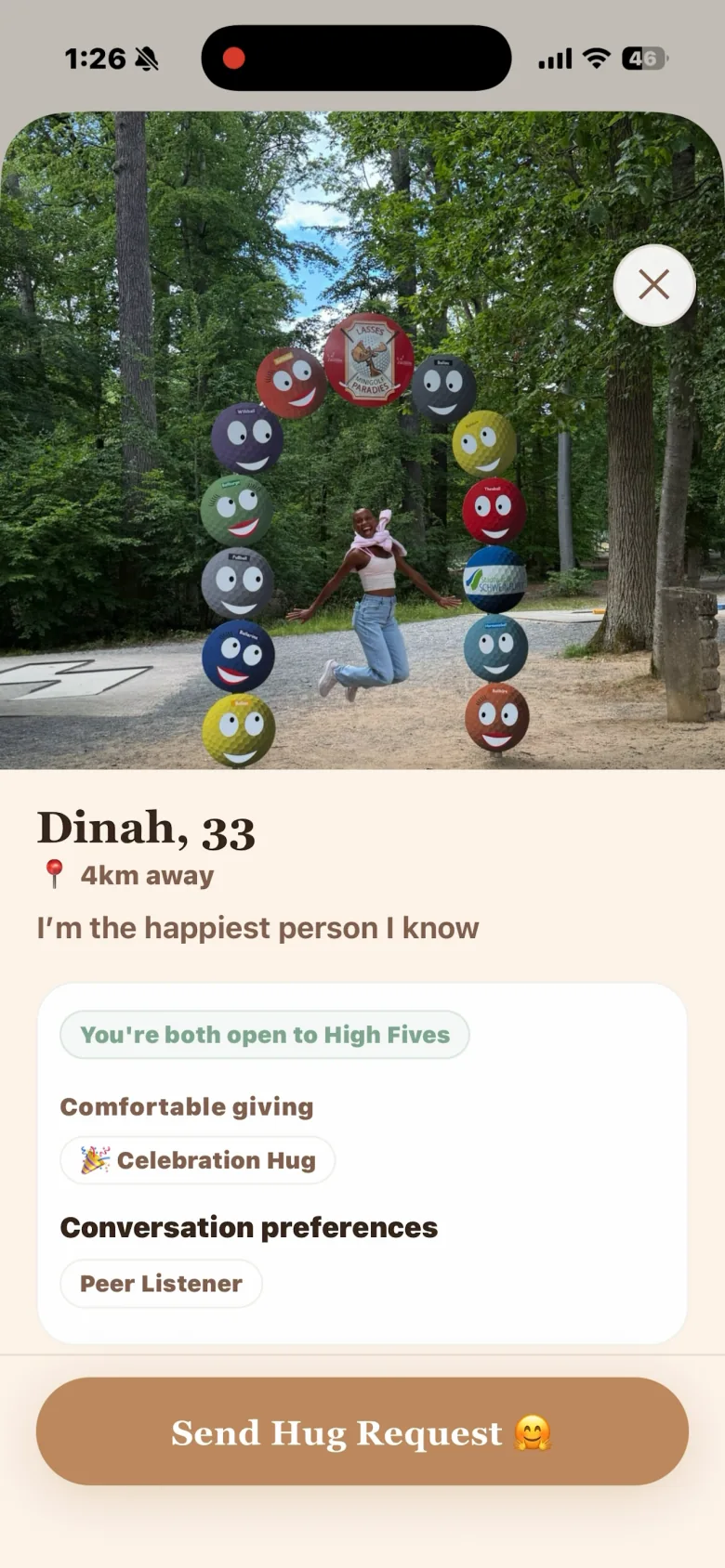 ||NAM Discover profile screen with connection preferences and Send Hug Request button.