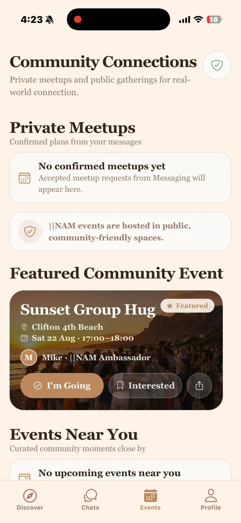 ||NAM Community Connections screen showing private meetups and community events.